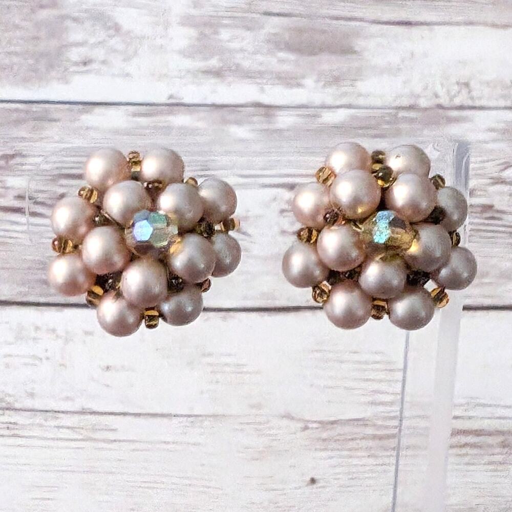 Vintage Clip On Earrings 1" Cluster Style Pink & Tan Tones